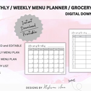 Monthly Menu Plan Template, Weekly Meal, Printable Breakfast, Lunch ...