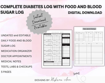Complete Diabetes Log, Blood Sugar Log, Daily Blood Sugar Tracker with Nutrition, Exercise, Blood Pressure Tracker, Medications Log