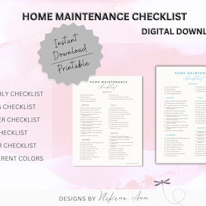 May include: Printable home maintenance checklist with six different colours. The checklist includes monthly, seasonal, and yearly tasks for home upkeep. The checklist is a digital download.