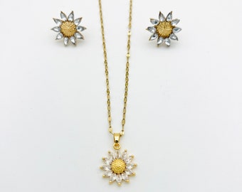 Sunflower necklace and earring set, Stainless Steel, Rhinestones, Rhinestone, trendy, gift,