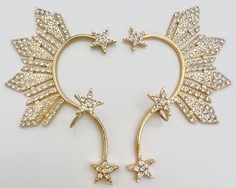 1 Pair (two earcuff) Miss Universe Philippines Catriona Gray Three Stars and Sun Ear Cuff, Pageant, Cubic Zirconia CZ Filipino