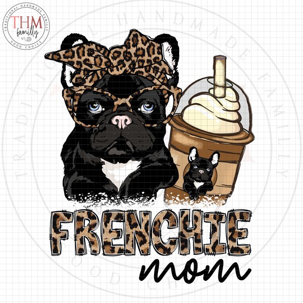 Frenchie Mom Coffee leopard hand drawn vintage clipart png/ Black French Bulldog owner gift/ Dog mom Graphic, Fur Mama t-shirt design png.