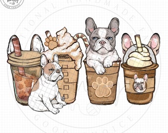 French Bulldog Coffee Hand drawn art PNG/ Paw Mom Dog Lover Gift/ Frenchie Mom Gift/ Gift for Dog Lover/ Printable sublimation/ French Print