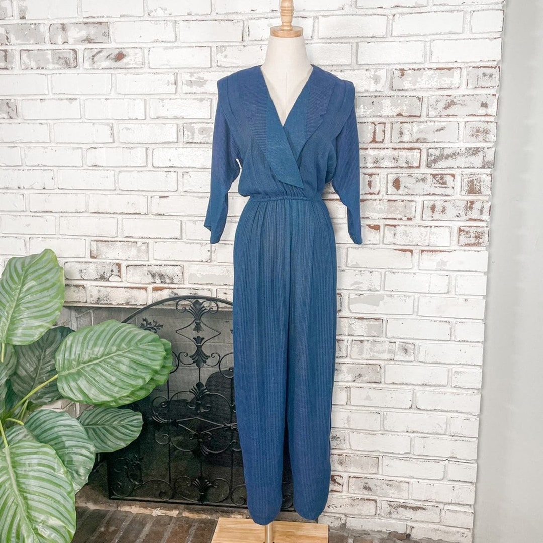 Vintage 80s Rabbit Rabbit Rabbit Multi Blue Knit V-neck Jumpsuit 6 - Etsy