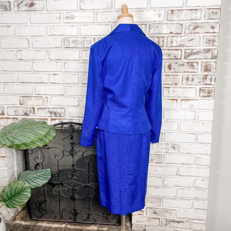 Vintage 90s Adrianna Papell Cobalt Blue Silk Two Piece Skirt Suit Set 6 image 5