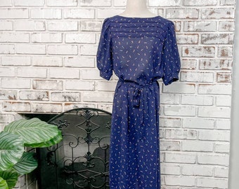 Vintage 80s Navy and Tulip Floral Puff Sleeve Pleated Bust Belted Midi Dress