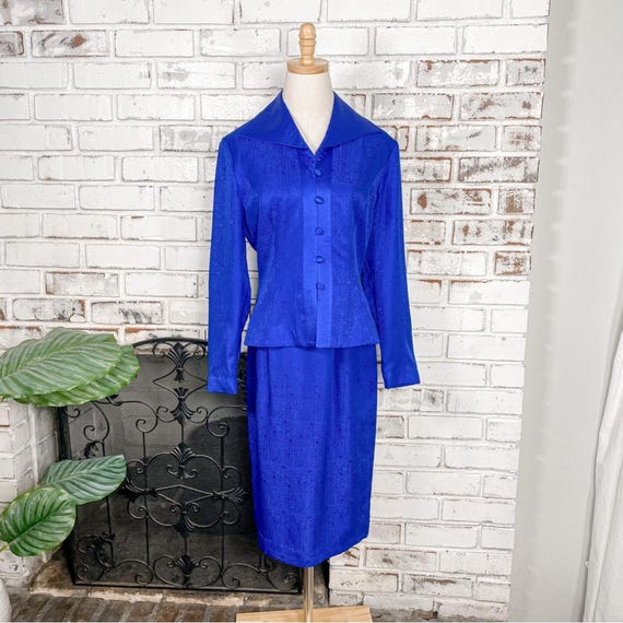 Vintage 90s Adrianna Papell Cobalt Blue Silk Two Piece Skirt Suit