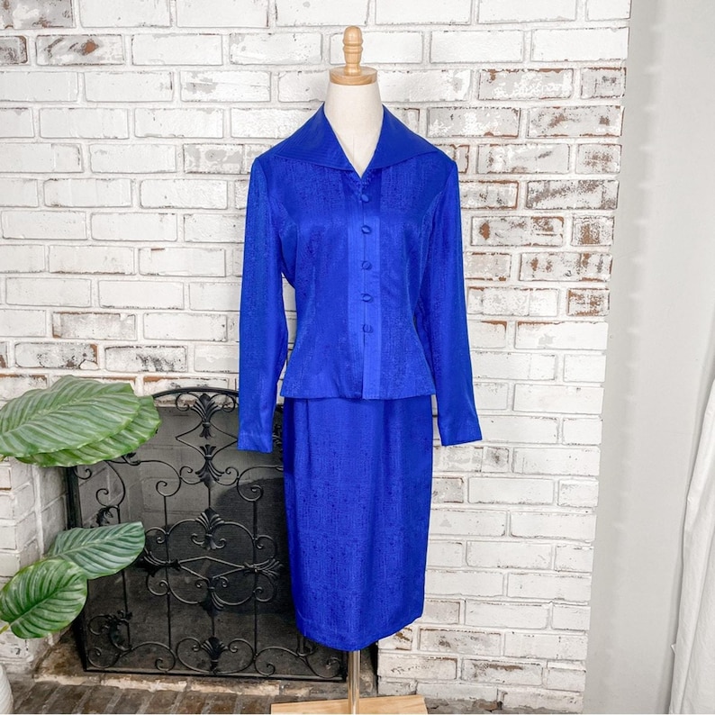Vintage 90s Adrianna Papell Cobalt Blue Silk Two Piece Skirt Suit Set 6 image 1