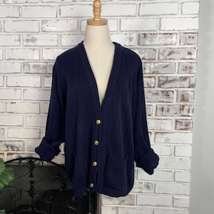 80er Jahre Carriage Court Navy Blau & Gold V-Ausschnitt Button Down Preppy Sweater L