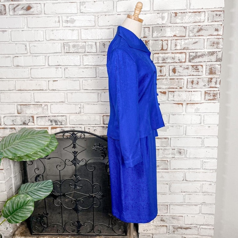 Vintage 90s Adrianna Papell Cobalt Blue Silk Two Piece Skirt Suit Set 6 image 11