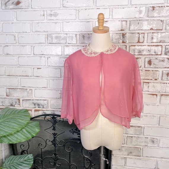 Vintage 70s Pink Sheer Bolero With Scalloped Lace… - image 1