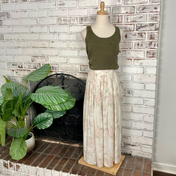 Vintage 80s Carroll Reed Neutral Pink Cream Floral A-line Pleated Maxi Skirt