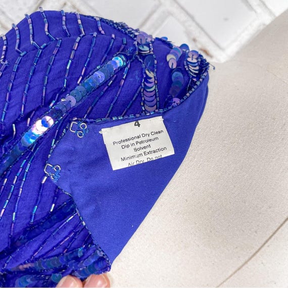 Vintage 80s St'enay Cobalt Blue Silk Sequin Beaded V-neck Keyhole Mini Dress 4