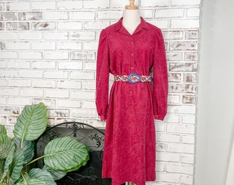 Vintage 70s Marty Guttmacher Magenta Tie Puff Shoulder Long Sleeve Shirtdress M