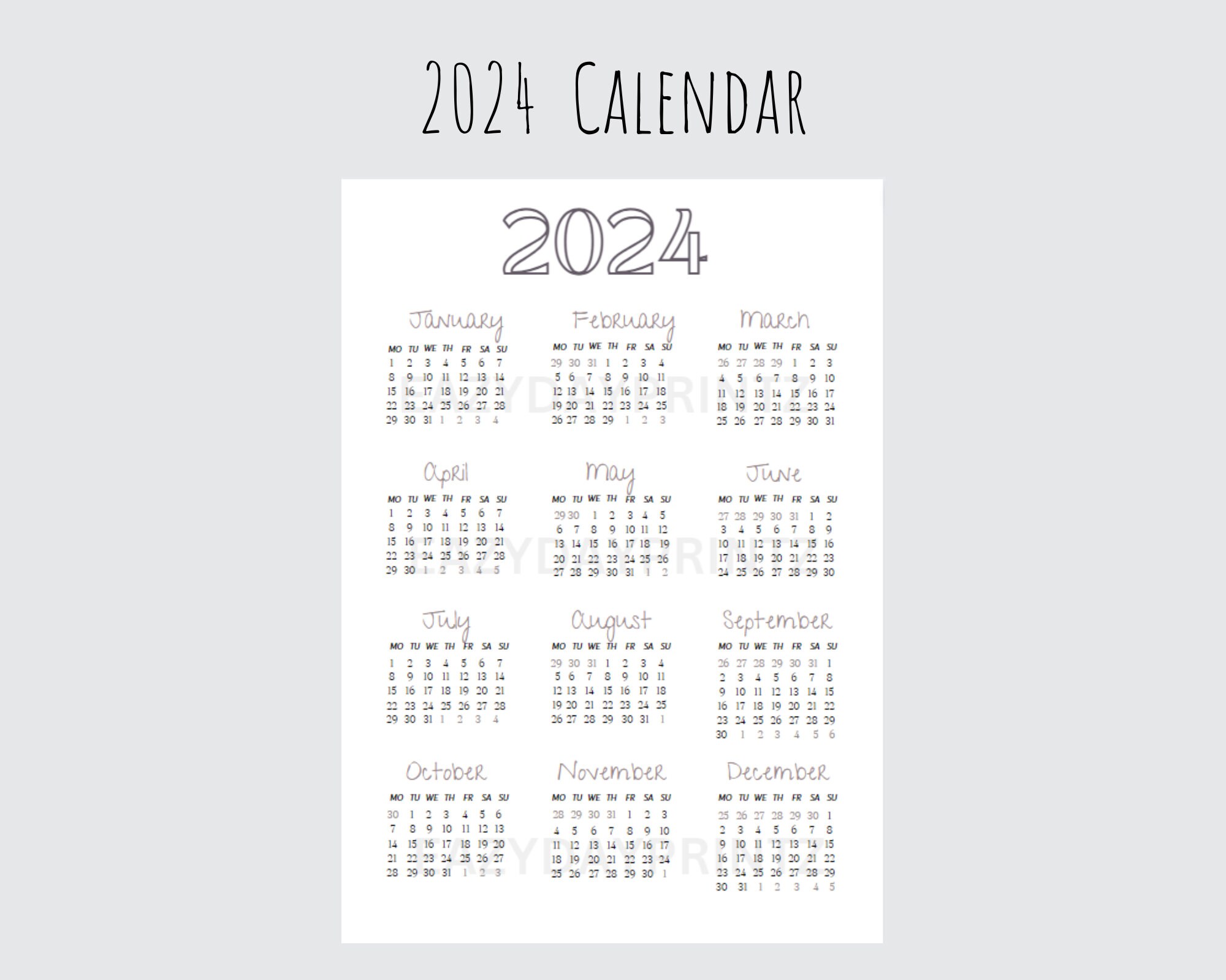 2024 Calendar PDF Printable, Minimalistic One Page Calendar Jandec