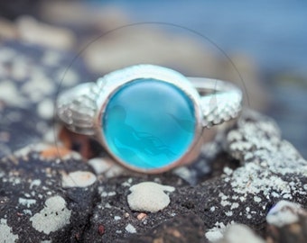 Real Mako Sirenas Sirena Luna Anillo Plata Mar Vidrio Azul Topacio Seaglass H2O Sólo Añadir Agua Moonring