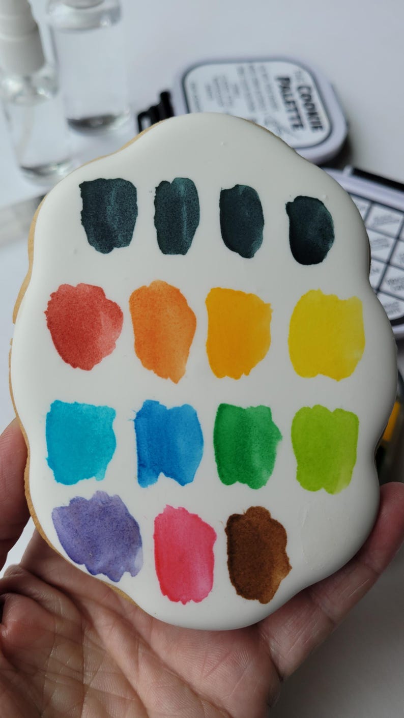 May include: A hand-held, cookie-shaped like a paint palette, decorated with white icing and colorful watercolor paint swatches. The swatches include shades of green, red, orange, yellow, blue, purple, pink, and brown.