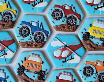 Monster Truck Mud Truck Rescue Helicopter Decorated Butter Vanilla Sugar Cookies