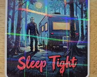 Jason Voorhees Holo-Aufkleber: Gruseliger Camping Slasher Vinyl-Aufkleber