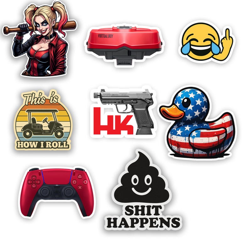 May include: A collection of stickers featuring various designs. Included are a cartoon image of Harley Quinn, a red Virtual Boy console, a laughing emoji with a middle finger, a golf cart with the text "This is How I Roll", a handgun with the letters "HK", an American flag duck, a red game controller, and a smiling poop emoji with the text "Shit Happens".