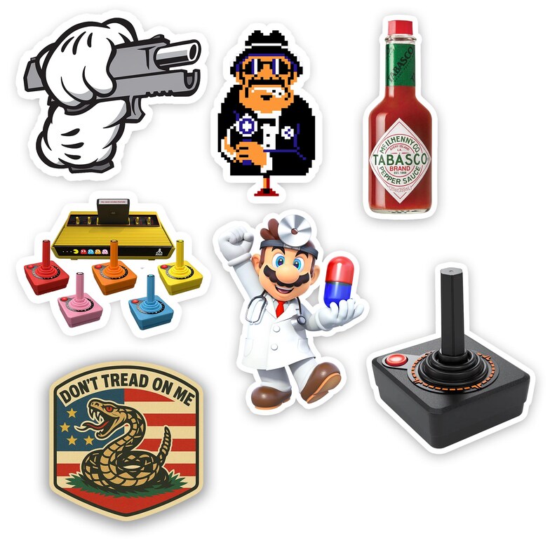 May include: A collection of stickers featuring various designs. Included are a cartoon hand holding a gun, an 8-bit pixelated character, a bottle of Tabasco sauce, a retro video game console with colorful joysticks, a Mario-themed doctor, a joystick, and a "Don't Tread on Me" emblem.