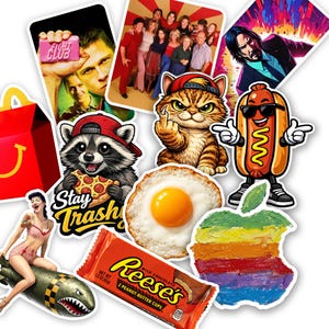 May include: A collection of colorful stickers featuring pop culture references and food items. Includes a raccoon eating pizza, a cat giving the middle finger, a hot dog wearing sunglasses, and a Reese's Peanut Butter Cups candy bar.