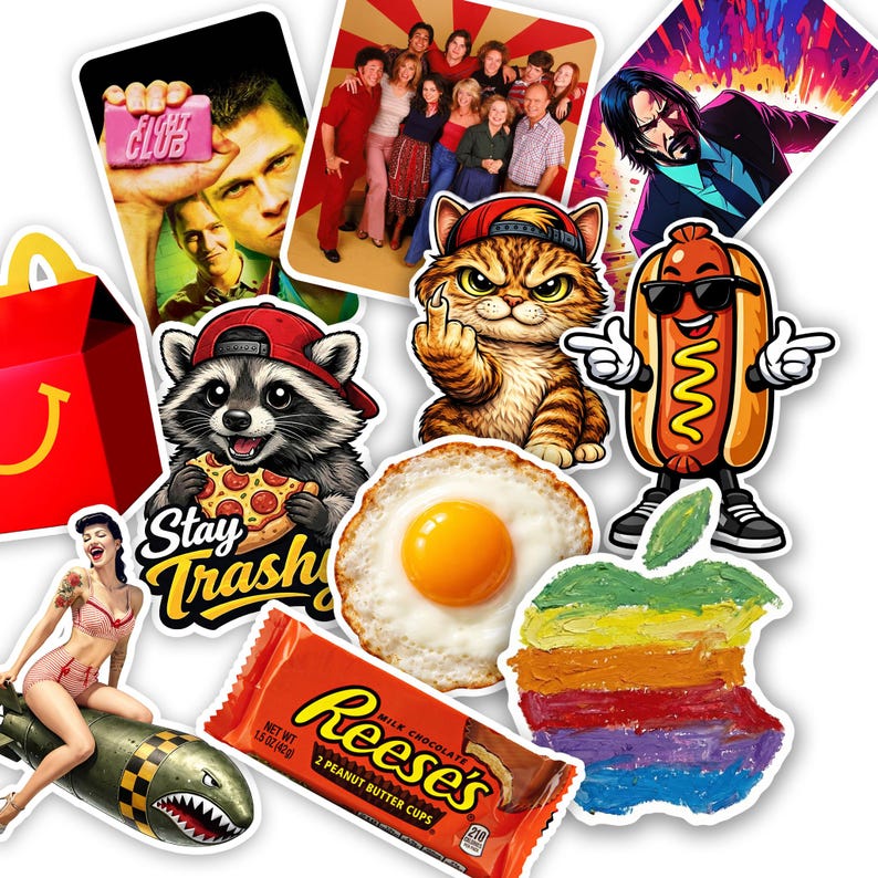May include: A collection of colorful stickers featuring pop culture references and food items. Includes a raccoon eating pizza, a cat giving the middle finger, a hot dog wearing sunglasses, and a Reese's Peanut Butter Cups candy bar.