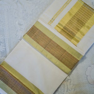 Eleganter Kasavu Weißer Saree mit Schwarzen Kreisen für Onam