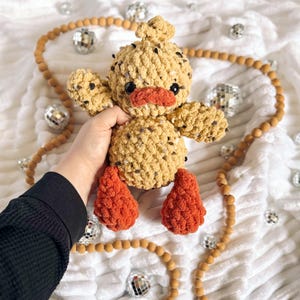 May include: A crocheted stuffed duck toy with a brown and beige speckled body, orange feet, and a black and white face. The duck is being held by a hand.