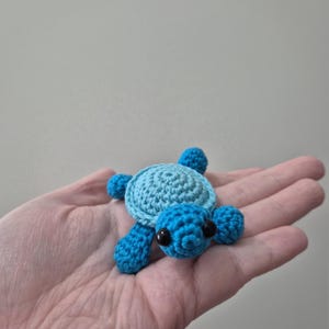 May include: A small, handmade crochet turtle in shades of blue. The turtle has a light blue shell, dark blue flippers and head, and black eyes. The turtle is a cute, whimsical design.