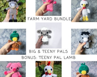 farm yard teeny AND big pal BUNDLE- crochet farm animals, amigurumi farm, sheep, mallard, chicken, pig, donkey, crochet pattern