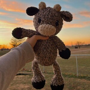 May include: A brown and black plush cow toy with a white nose and black eyes. The toy is being held up in the air against a sunset sky.