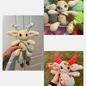 Peut inclure: Cr&eacute;atures en peluche crochet&eacute;es &agrave; la main, avec un corps cr&egrave;me, de grandes oreilles et des cornes. L'une a des accents bleus, une autre orange et une troisi&egrave;me des taches jaunes. Chacune a un petit sac. Les jouets sont doux.