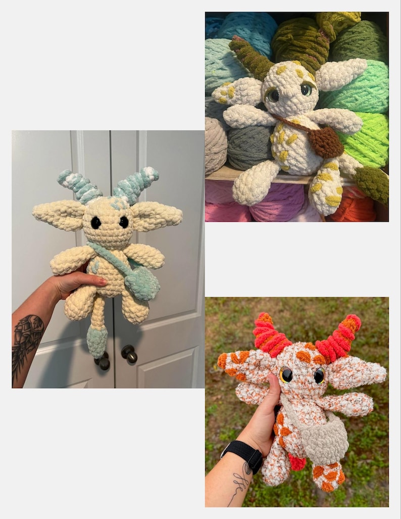 Peut inclure: Cr&eacute;atures en peluche crochet&eacute;es &agrave; la main, avec un corps cr&egrave;me, de grandes oreilles et des cornes. L'une a des accents bleus, une autre orange et une troisi&egrave;me des taches jaunes. Chacune a un petit sac. Les jouets sont doux.