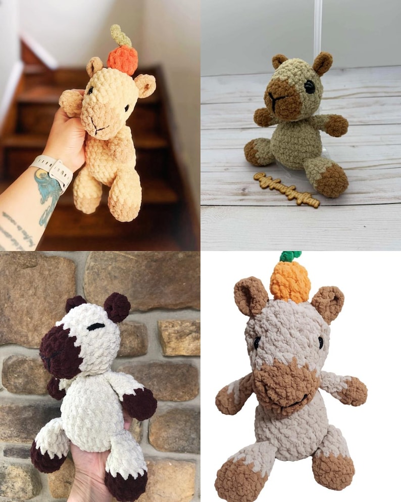 May include: A collection of four crochet plush toys featuring various animal designs. The plushies are crafted from textured yarn in shades of beige, brown, white, and green, with some figures topped with small orange pumpkin-shaped accents.