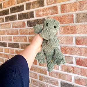 Può includere: Un peluche color verde salvia a forma di ornitorinco, realizzato in filato morbido e testurizzato. Il pupazzo presenta un becco largo e piatto, piccoli occhi a perla neri e zampe palmate, con un aspetto distintamente soffice e riccio.