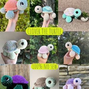 May include: A collection of handmade crochet turtles in various colors, including pink, blue, green, and purple. The turtles have large, expressive eyes and are displayed against natural backgrounds. Text reads "Clover the Turtle" and "100% No Sew".