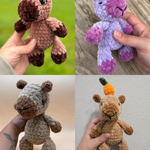 May include: A collection of four small, plush, crocheted animal figures made from soft, textured yarn. The figures include a pink and brown creature, a purple and lavender one, a beige and brown animal, and a tan one with an orange carrot top.