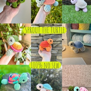 May include: A collection of handmade crochet turtle toys in various colors, including green, brown, pink, blue, and orange. The text "SPROUT THE TURTLE" and "100% NO SEW" are also visible. These soft toys are perfect for children.