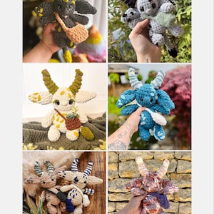 Peut inclure: Une collection de poup&eacute;es monstres crochet&eacute;es &agrave; la main, de couleurs vari&eacute;es. Chaque poup&eacute;e pr&eacute;sente des cornes, des ailes et une expression unique. Certaines poup&eacute;es ont de petits sacs ou accessoires. Les poup&eacute;es sont pr&eacute;sent&eacute;es dans un collage.