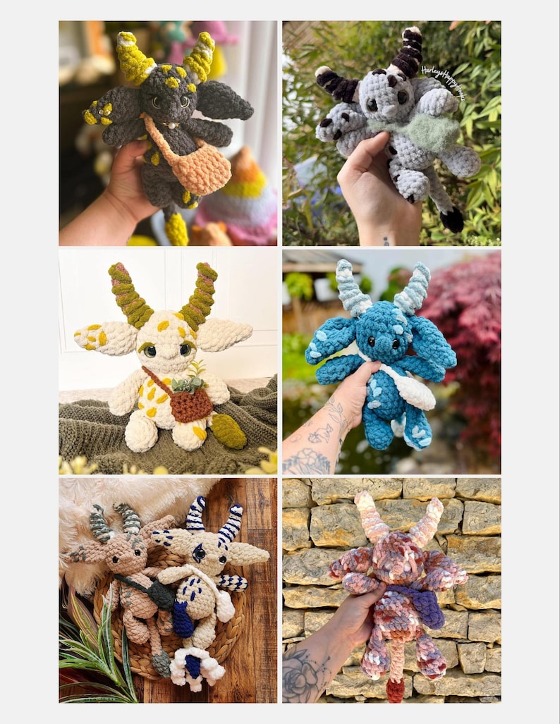 Peut inclure: Une collection de poup&eacute;es monstres crochet&eacute;es &agrave; la main, de couleurs vari&eacute;es. Chaque poup&eacute;e pr&eacute;sente des cornes, des ailes et une expression unique. Certaines poup&eacute;es ont de petits sacs ou accessoires. Les poup&eacute;es sont pr&eacute;sent&eacute;es dans un collage.