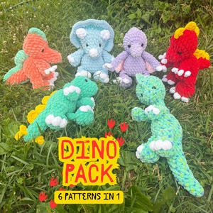 May include: Six crocheted dinosaur plush toys in orange, light blue, lavender, red, and two shades of green, featuring white claws and spikes. The text DINO PACK 6 PATTERNS IN 1 is displayed in yellow and red letters over the plush toys.