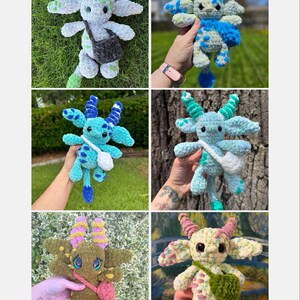 Peut inclure: Six poup&eacute;es monstres crochet&eacute;es &agrave; la main sont pr&eacute;sent&eacute;es, chacune avec des cornes, des ailes et un petit sac. Les poup&eacute;es sont dans des tons de bleu, vert et jaune, avec des d&eacute;tails roses ou violets. Les jouets sont doux et moelleux.