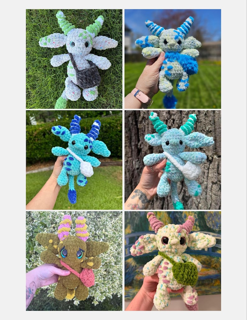 Peut inclure: Six poup&eacute;es monstres crochet&eacute;es &agrave; la main sont pr&eacute;sent&eacute;es, chacune avec des cornes, des ailes et un petit sac. Les poup&eacute;es sont dans des tons de bleu, vert et jaune, avec des d&eacute;tails roses ou violets. Les jouets sont doux et moelleux.