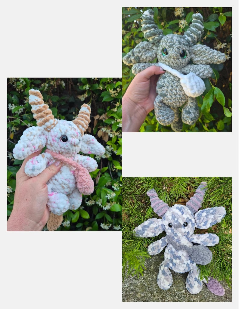 Peut inclure: Trois peluches de ch&egrave;vre faites &agrave; la main au crochet, de couleurs vari&eacute;es. L'une est blanche avec des accents roses et marron, une autre est grise avec une poche blanche, et la troisi&egrave;me est grise et bleue avec des accents violets. Chacune a des cornes et une queue.