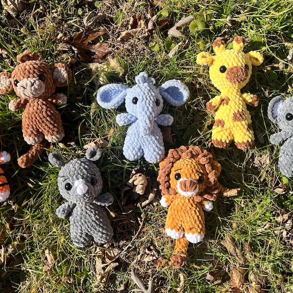 Crochet safari baby pack, pattern: crochet lion, elephant, rhino, monkey, giraffe, tiger, koala, amigurumi patterns