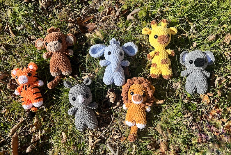 Crochet safari baby pack, pattern: crochet lion, elephant, rhino, monkey, giraffe, tiger, koala, amigurumi patterns image 1