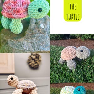 May include: A collection of handmade crochet turtles in various colors. One turtle has a pink and red shell with green legs and head. Another has a gray shell and head with pink legs. The text "CLOVER THE TURTLE" is on a green background.