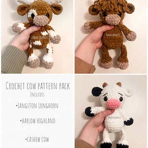Op de afbeelding: Haakpakket met koe-patronen, digitaal PDF-bestand. Bevat drie haakpatronen voor koeien: Langston Longhorn, Harlow Highland en Cashew Cow.