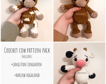 Crochet Cows Trio pattern- Longhorn cow, cow, and highland cow